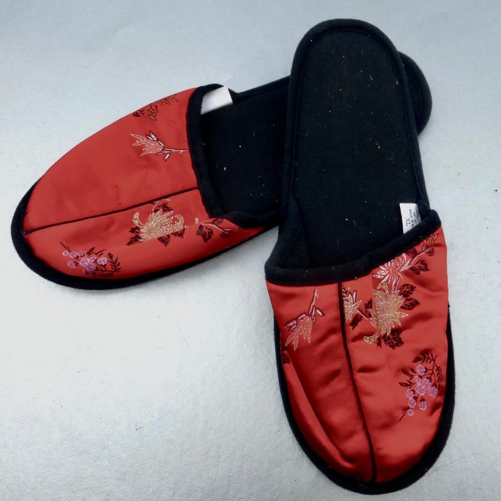 Chinese Red Satin Slippers Embroidered Flowers XL